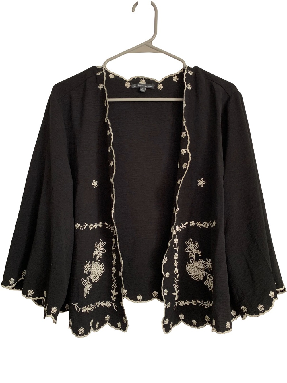 ADRIANNA PAPELL Women’s Black Cream Embroidery Trim 3/4 Sleeve Open Front Jacket